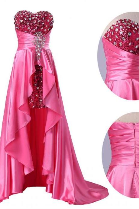 Very Sexy Prom Dresses 2016 Hi Lo Style Luxurious Sweetheart Backless Shining Sequins Crystal Ruffle Popular Charming Evening Dresses