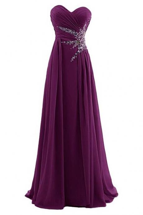 Floor Length Chiffon Evening Dress Featuring Ruched Sweetheart Bodice With Beaded Embellishments