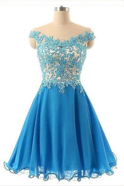 Beautiful Blue Chiffon Short Handmade Prom Dress With Lace Applique, Homecoming Dresses