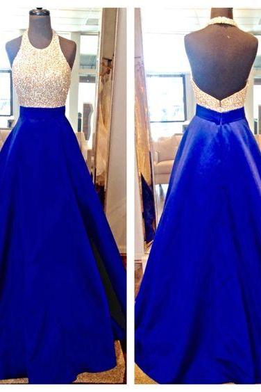 Royal Blue Halter Backless A Line Floor Length Satin Evening Party Dresses Backless Sequins Satin Prom Dresses Formal Gowns ,charming Prom