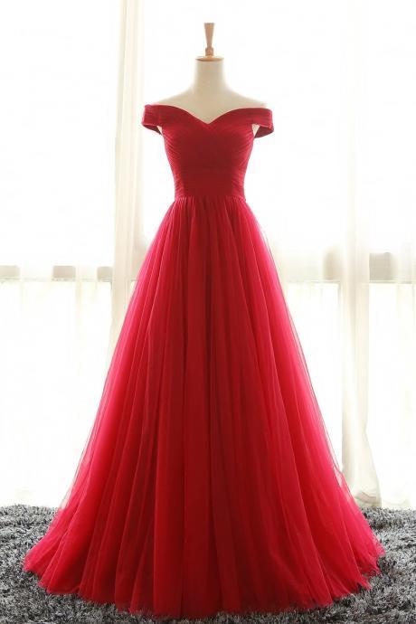 Woman Evening Dress, Long Formal Dresses, Prom Dress Full Length Off Shoulder Sleeves Red Bridesmaid Dresses, Tulle Prom Dress, Long Prom Dress