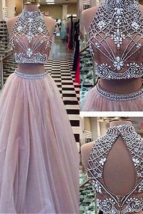 Stunning prom dresss Tulle High Collar Neckline A-Line Two-piece Prom Dresses With Beadings