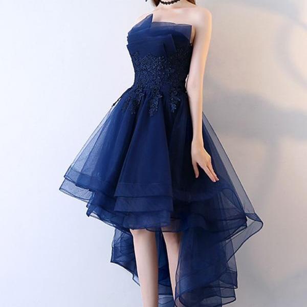 Fancy Dark Blue Tulle Appliques Lace Prom Dress,Strapless Hi-Lo Homecoming Dress,Sleeveless Layered Evening Dress