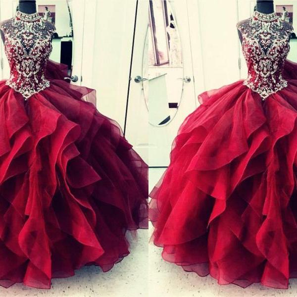 High Neck Crystal Beaded Bodice Corset Organza Layered Quinceanera Dresses  Ball Gowns on Luulla