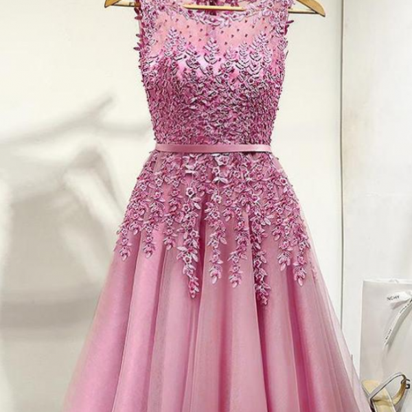 Elegent Tulle Bateau Neckline A-line Homecoming Dresses With Lace ...