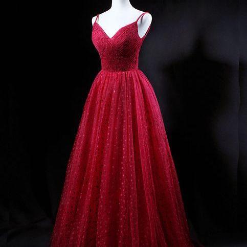 Unique red tulle V neck spaghetti long evening dress, party dress from Sweetheart Dress