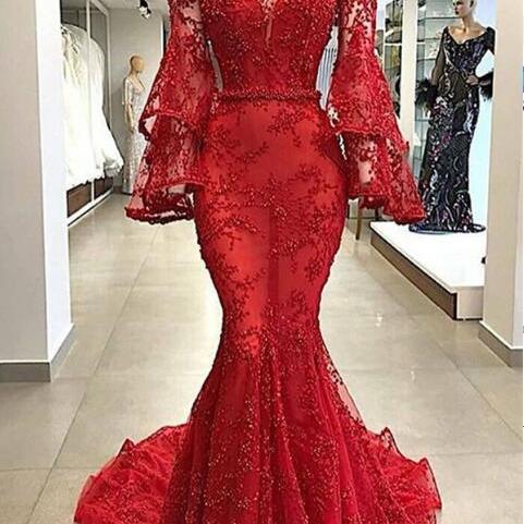  Mermaid Evening Dresses | High Neck Lace Sheer Tulle Appliques Prom Dresses