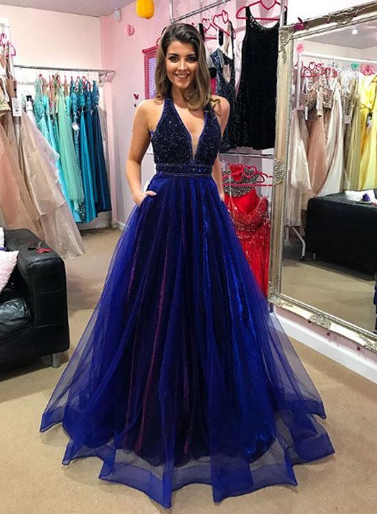 Neck Prom Dresses Blue